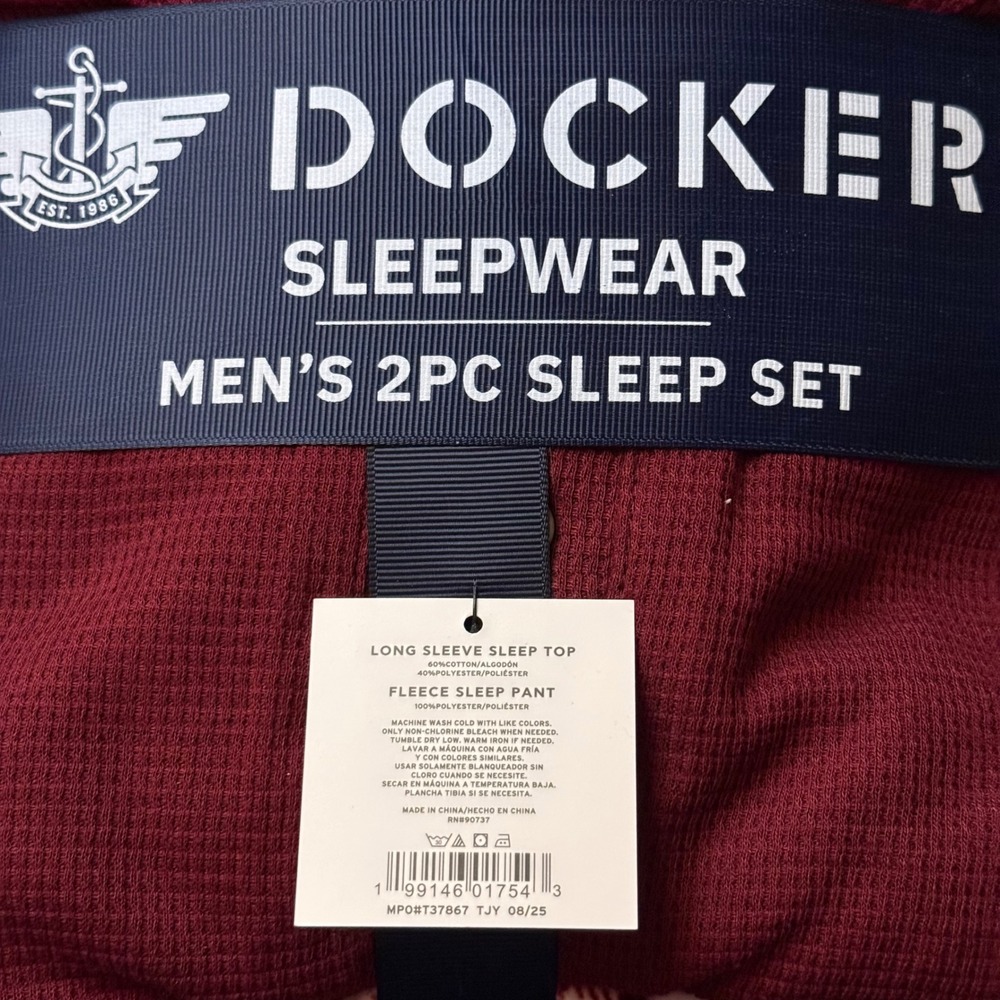Dockers 2PC Sleep Set Men XL Burgundy NWT Waffle Top‎ Fleece Pants